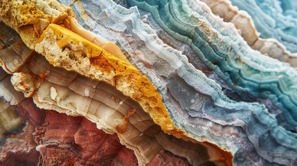 Close-up colorful sedimentary rock layers, revealing intricate patterns and a rich palette of blue, beige, and orange hues, Natural beauty and geological complexity of the rock formation.