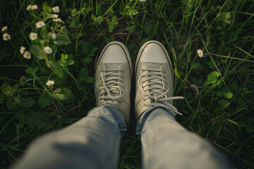 mid-angle shot of the shoes on a grassy path, capturing the shoes from above with the feet slightly apart, as if the person is taking a leisurely walk. The green grass beneath cont