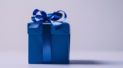 A studio shot of a blue gift box with a blue ribbon. The box is sitting on a white surface with a white background.