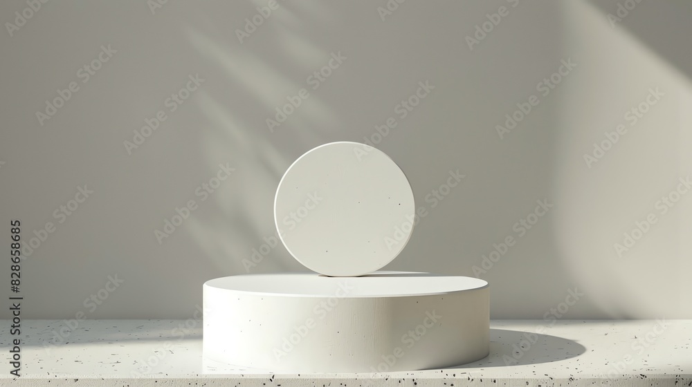Poster white podium with a round platform on top of it. the podium is set against a white background with a