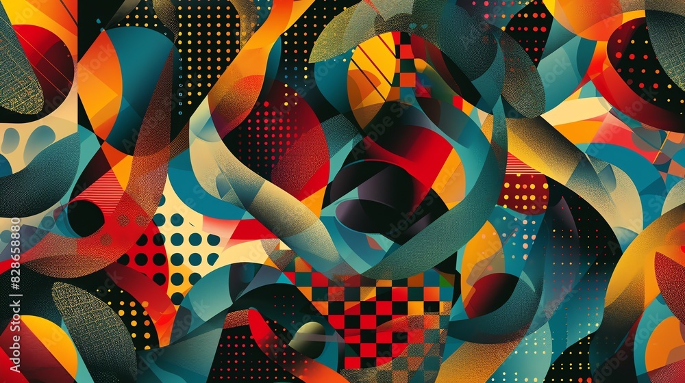 Poster vibrant and colorful abstract background with geometric shapes and halftone patterns.
