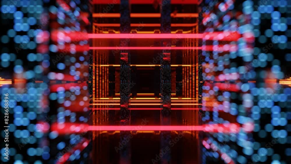 Poster fly through mirror designs form tunnel technology cyberspace with neon glow. sci-fi flight through d