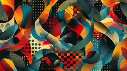 vibrant and colorful abstract background with geometric shapes and halftone patterns.