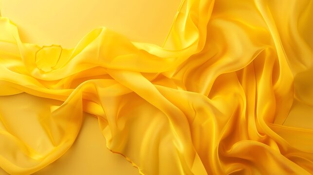 Yellow silk fabric with smooth folds. The fabric is draped over a yellow background. The image is taken from a high angle.