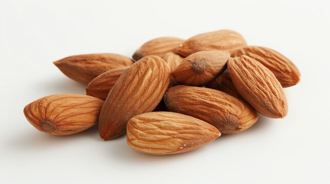 A handful of almonds isolated on a white background. The almonds are tan and have a wrinkled texture.
