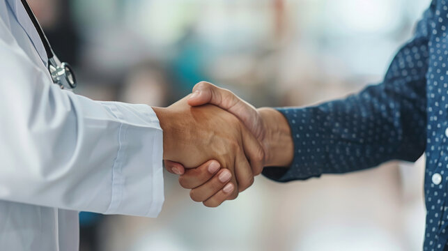 Close-up of a firm handshake between a doctor and patient, symbolizing trust and agreement