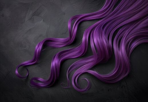 long purple hair strands flowing on a dark grey background