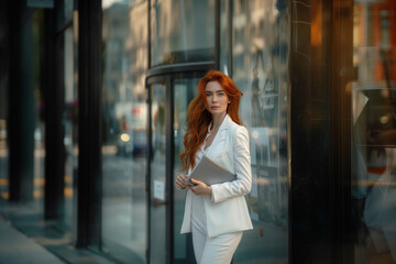 Fototapeta premium Business woman in white suit with blonde hair standing in front of the office