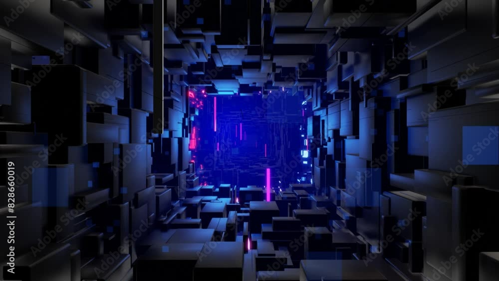 Poster tunnel with neon light. sci-fi bg fly through tech digital space. concept of hi-tech information flo