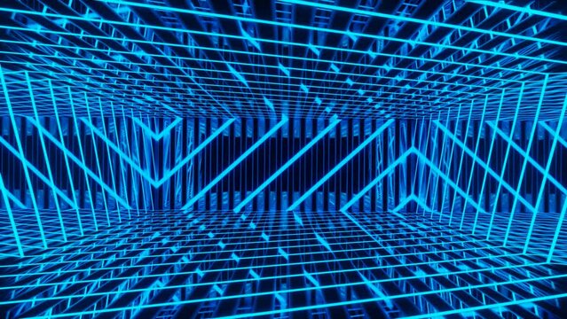 Vj loop neon room. Mirror room with neon light. Abstract festive bg with bright reflection. Dark room disco lights. Seamless looped bg with neon light. Night club bright neon style bg. Moving light
