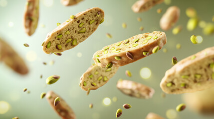 pistachio biscotti against light green background, pistachio biscotti flying through the air against a light green background