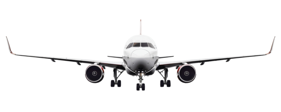Front view of a commercial airplane  isolated on transparent background., perfect for aviation, travel, and transportation themes.