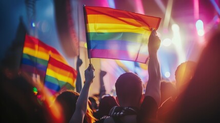 A crowd of people holding rainbow flags and a man holding a flag