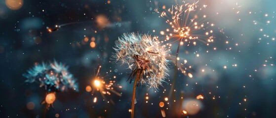 Fototapeta premium A field of dandelions with a bright blue sky in the background