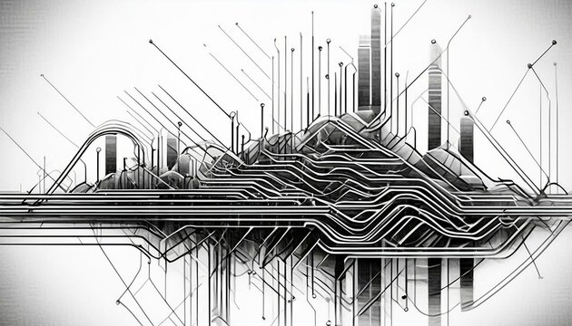 A single line of distorted black processor circuitry glitches on a pristine white background, forming an abstract pattern.