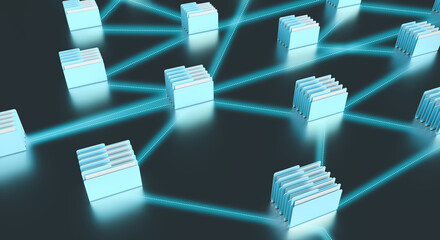 The pattern of folders with operating system files. 3d rendering on computer, interface, technology, applications, development, code, business, data. Internet network, electricity. Dark background.