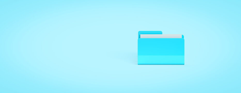 A blue folder with papers and files. 3d rendering on the topic of computer, office, work, interface, technology, applications, business, data. Minimal, modern style. Blue background.