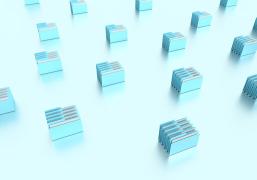 The pattern of folders with operating system files. 3d rendering on computer, interface, technology, applications, development, code, business, data. Minimal, modern style. Blue background.