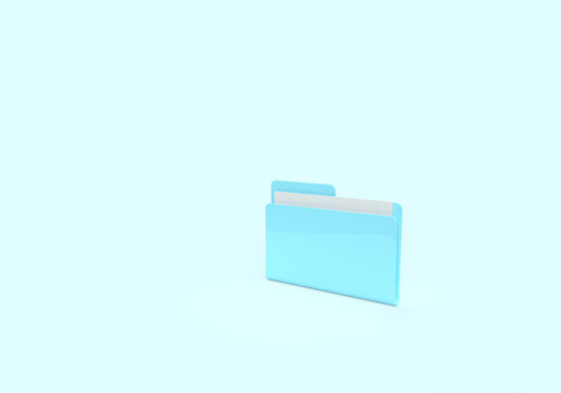 A blue folder with papers and files. 3d rendering on the topic of computer, office, work, interface, technology, applications, business, data. Minimal, modern style. Blue background.