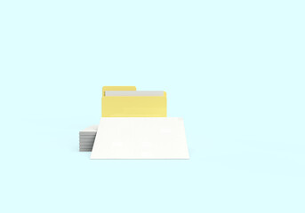 A yellow folder with papers and files. 3d rendering on the topic of computer, office, work, interface, technology, applications, business, data. Minimal, modern style. Blue background.