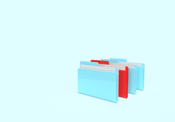A blue, red folder with papers and files. 3d rendering on the topic of computer, office, work, interface, technology, applications, business, data. Minimal, modern style. Blue background.