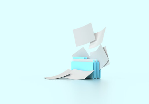 A blue folder with flying papers and files. 3d rendering on the topic of computer, office, work, interface, technology, applications, business, data. Modern style. Blue background.
