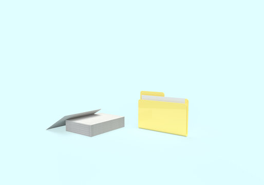 A yellow folder with papers and files. 3d rendering on the topic of computer, office, work, interface, technology, applications, business, data. Minimal, modern style. Blue background.