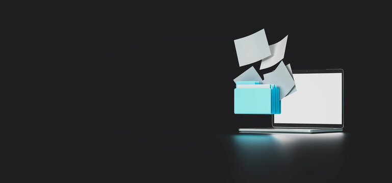 A folder with flying papers, files and a laptop. 3d rendering on the topic of computer, office, work, interface, technology, applications, business, data. Minimal, modern style. Dark background.