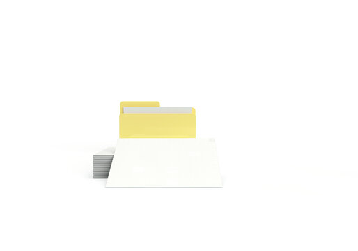A yellow folder with papers and files. 3d rendering on the topic of computer, office, work, interface, technology, applications, business, data. Minimal, modern style. Transparent background.