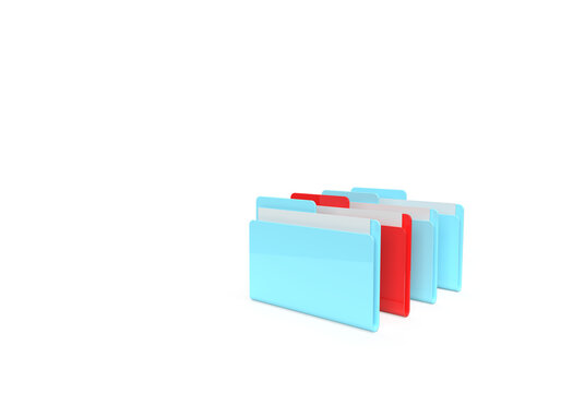 A blue, red folder with papers and files. 3d rendering on the topic of computer, office, work, interface, technology, applications, business, data. Minimal, modern style. Transparent background.