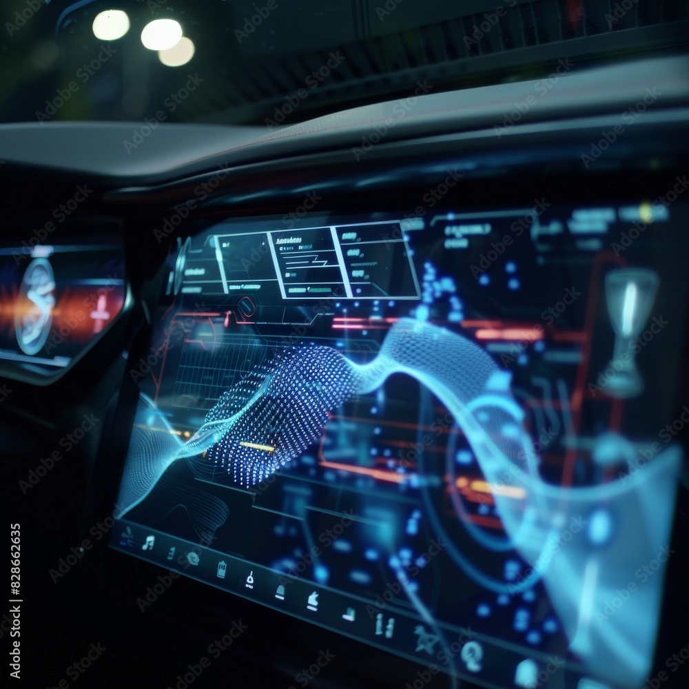 Poster advanced car dashboard with digital interface, showcasing high tech features and modern design for a