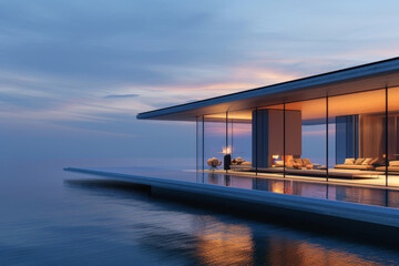 Luxury Island Villa With Infinity Pool At Sunset.