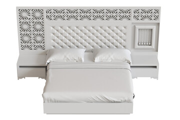 
big comfortable bed isolated on transparent background, home furniture, illustration, 3d rendering