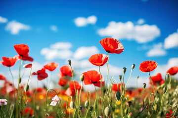 Naklejka premium Field of red poppies on the background of the blue sky, background with copy space