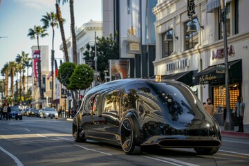 Obraz premium Autonomous vehicle on a city street, highlighting futuristic design and advanced technology for modern urban transportation and mobility
