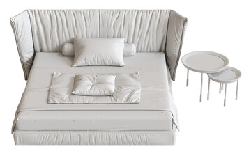 
big comfortable bed isolated on transparent background, home furniture, illustration, 3d rendering