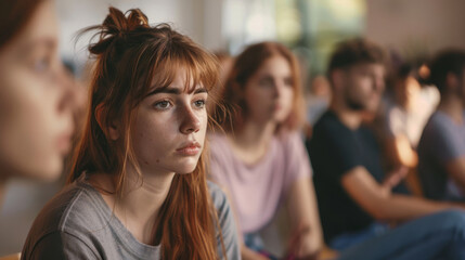 Fototapeta premium Pensive young woman with her peers, reflecting during a group meeting or class