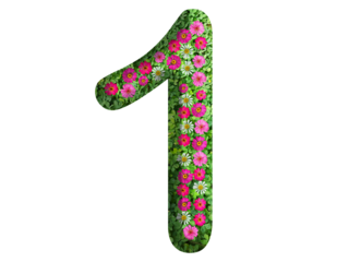 3d of the number 1 is made of green grass and beautiful flower isolated on transparent background. Go green concept for Memorial Day template