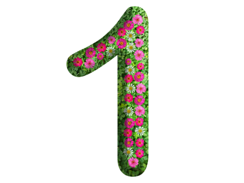 3d of the number 1 is made of green grass and beautiful flower isolated on transparent background. Go green concept for Memorial Day template