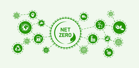 Net zero by 2050, carbon neutral. Net zero greenhouse gas emissions target Long-term climate-neutral strategy Vector illustration