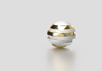Metal ball, cut into pieces. Silver and gold color. 3d rendering on the topic of business, work, office, education, finance, peace, politics. Minimal style, isolated. Gray background.