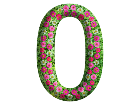 3d of the number 0 is made of green grass and beautiful flower isolated on transparent background. Go green concept for Memorial Day template