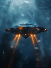 UFO and extraterrestrial ship swimming in bottom of the ocean. Alien spacecraft flying underwater.Sci-fi and fantasy concept. Generative AI