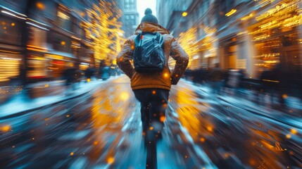 Image showcases a backpacker in a vibrant blue explosion of energy, depicting speed and adventure...