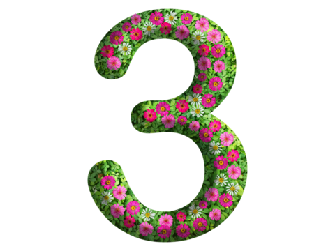 3d of the number 3 is made of green grass and beautiful flower isolated on transparent background. Go green concept for Memorial Day template