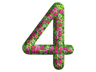 3d of the number 4 is made of green grass and beautiful flower isolated on transparent background. Go green concept for Memorial Day template