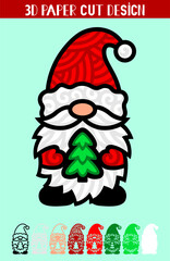 3D Christmas Gnome with tree and Santa Hat. Decorative holiday toy. For cutting from wood, paper, vinyl or sublimation. 3D layered paper cut designs. Vector illustration.