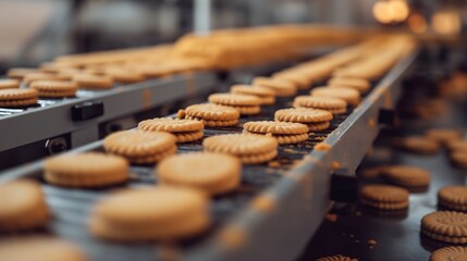 Factory producing cookies on a conveyor belt