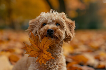 dog with maple leaf in autumn park