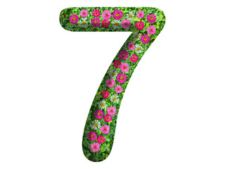 3d of the number 7 is made of green grass and beautiful flower isolated on transparent background. Go green concept for Memorial Day template